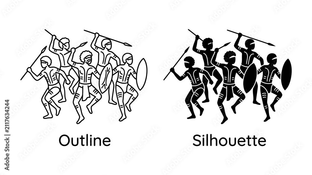 Obraz premium Warriors March: A group of ancient warriors, depicted in both outline and silhouette, advance with spears and shields, symbolizing strength and historical combat.