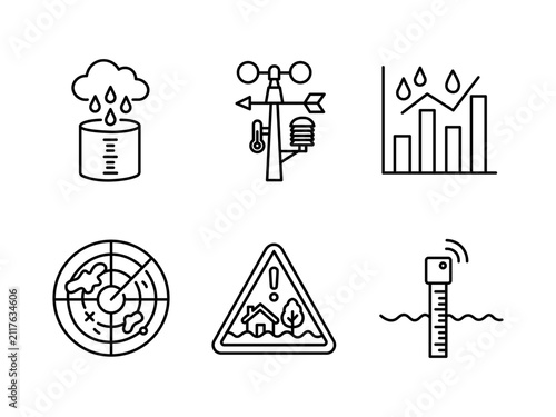 Weather Monitoring and Flood Warning Line Icon Set