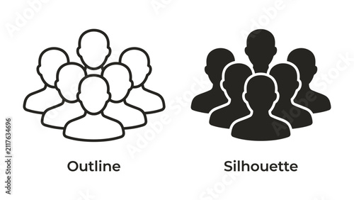 Group Iconography: A clear visual representation of a group of people, displayed in both outline and silhouette form, symbolizing community, unity, and collective identity.