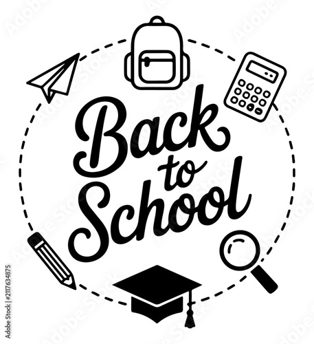 Back to school lettering is surrounded by essential supplies and stationary.