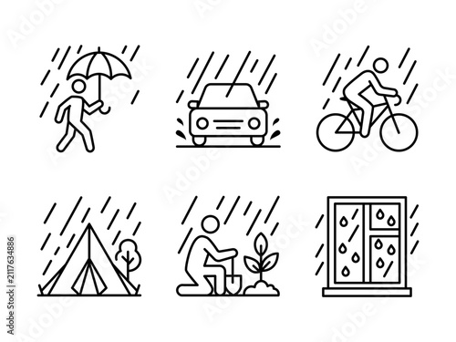 Rain and Outdoor Activities Minimalist Line Icon Set