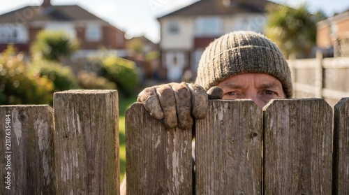 Man in beanie and work gloves peeking over a rustic wooden fence in a garden, observing the neighborhood.