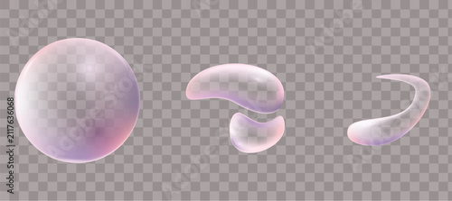 Realistic Pink Bubble Vector Set with Floating Transparent Drops and Liquid Splashes