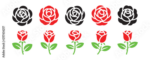 Red and black rose icons collection featuring blooming buds and stems with green leaves on transparent grid.