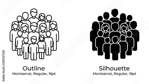Audience Iconography: A side-by-side comparison illustrating a group of people as an outline and a silhouette, representing different visual styles for conveying a crowd or audience.