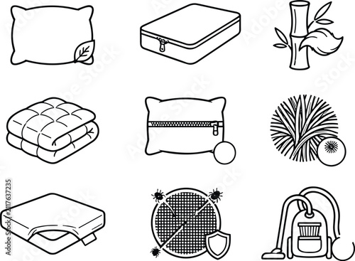 Quadro su tela Bedding and mattress protector icon set pillow bamboo organic blanket zippered cover dust mite line art vector illustration