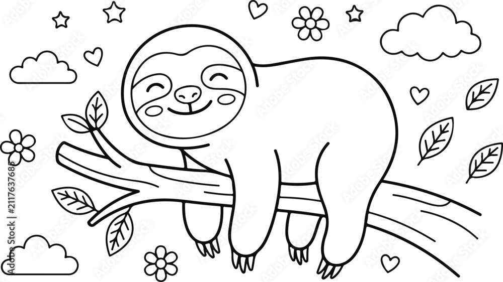 Obraz premium Cute cartoon sloth sleeping on a branch
