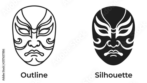 Fotografie Kabuki Mask Outline and Silhouette: Two distinct depictions of a traditional Japanese Kabuki theater mask, one as a clean line art outline and the other as a bold black silhouette