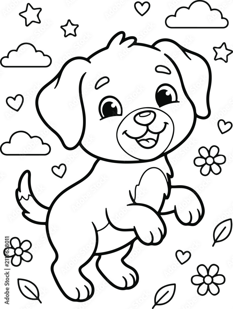 Obraz premium Cute puppy standing on hind legs, coloring page for kids