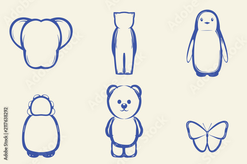 Cute cartoon character set showing various forest animals collection featuring creative line art design isolated on light background.