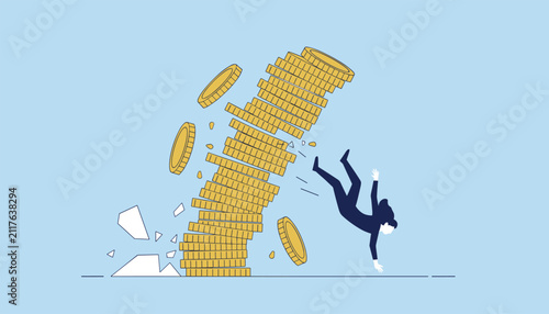 Metaphorical illustration of a person falling alongside a crumbling tower of golden coins representing financial loss or economic crisis.