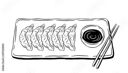 Gyoza dumplings on plate with soy sauce hand drawn vector illustration