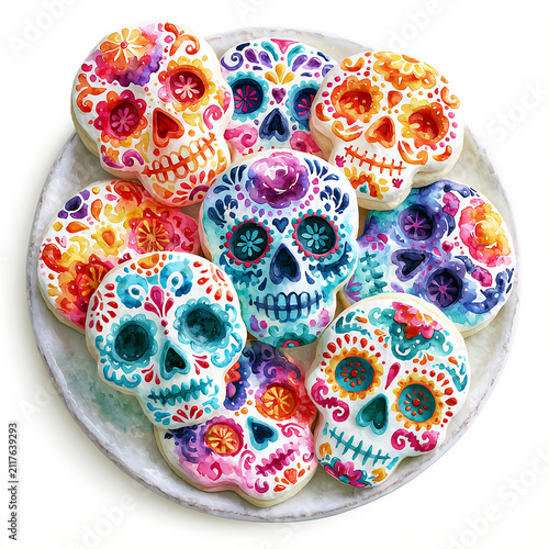 Colorful Mexican sugar skull cookies arranged on a plate, isolated illustration in watercolor style