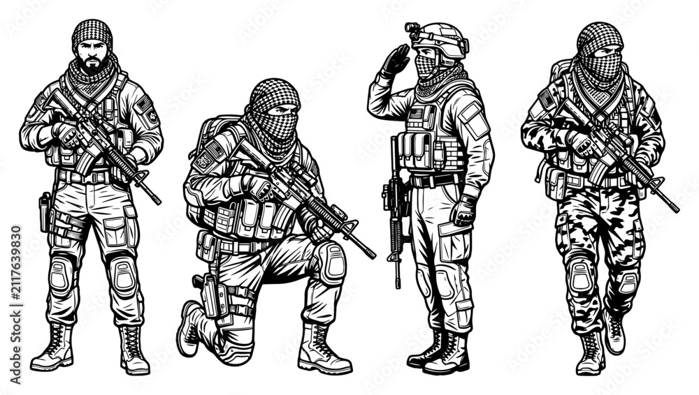 Obraz premium Group of soldiers in tactical gear. Military infantry squad in combat uniform illustration.