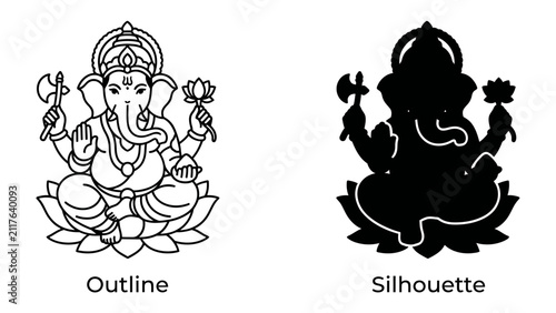 Fotografie Ganesha Outline and Silhouette: A detailed outline drawing and a solid black silhouette of the Hindu deity Ganesha, seated on a lotus flower, holding symbolic items