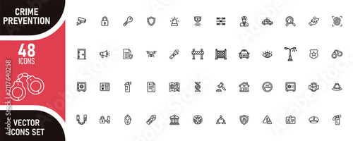 Crime Prevention and Security Line Icons Set – Safety, Surveillance, Police Protection, Access Control, CCTV, Alarm System Vector Collection Editable Vector Icons