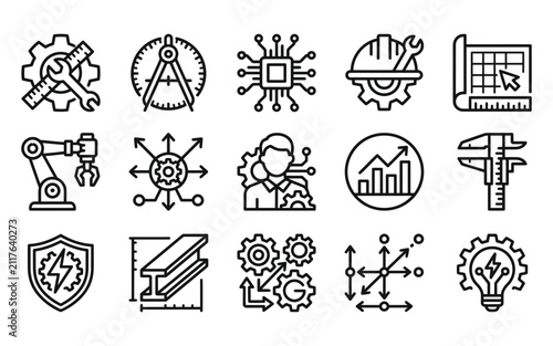 Engineering – Industrial Automation, Manufacturing, Mechanical Design and Smart Factory Line Icons