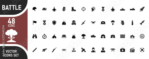 Battle Editable Vector Icons Set – Military, Army, Combat, Defense, Tactical Warfare Solid Icon Collection