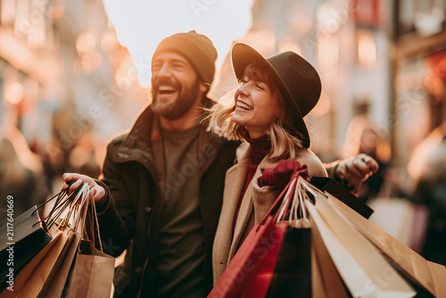 A joyful couple in winter attire laughs while walking through a city street carrying multiple shopping bags after a successful day of holiday gift buying