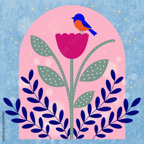Colorful Bird Under a Glass Dome with Blooming Flowers – Flat Vector Nature Illustration