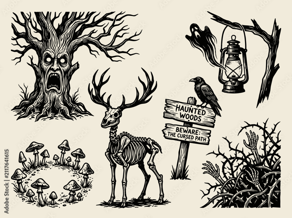 Obraz premium Haunted forest linocut illustration set, gnarled tree and skeletal stag icons, woodblock vector clipart