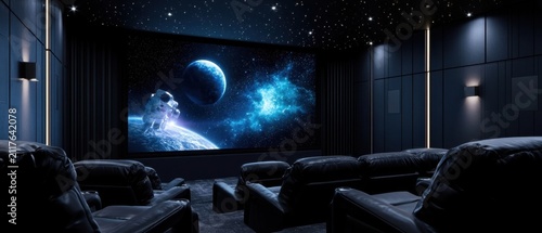 Dark home theater with plush reclining seats and large screen showing space scene