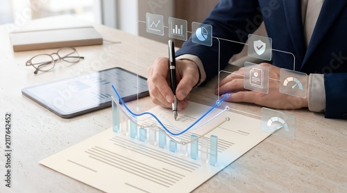 Modern financial data analysis featuring corporate executive writing on document with augmented reality holographic charts