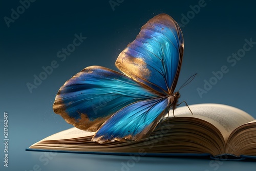 Beautiful blue butterfly with golden accents emerges from an open book, symbolizing imagination and transformation