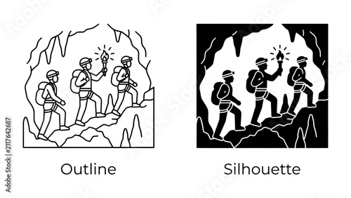 Obraz na plátně Cave Exploration Duo: Two intrepid explorers, one holding a torch aloft, venture into a mysterious cave, navigating the rocky terrain with backpacks ready for adventure