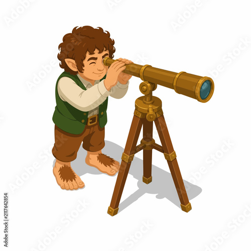 Vector illustration of a fantasy halfling or hobbit with hairy feet and pointed ears wearing a green vest, looking through a brass telescope mounted on a wooden tripod stand on a white background.