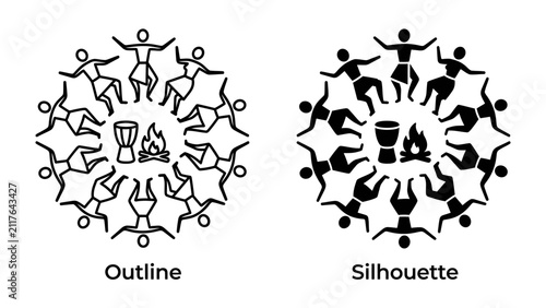 Tribal Gathering: Two stylized depictions, an outline and a silhouette, show a group of people in a circular dance around a drum and campfire, representing community and tradition.