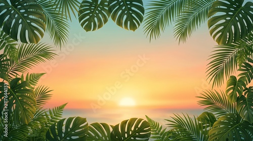 Vibrant tropical sunset illustration framed by lush foliage over the ocean horizon