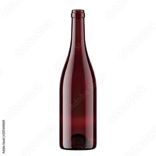 Tall burgundy glass wine bottle with translucent ruby red tint and unlabelled body, transparent isolated design element on transparent