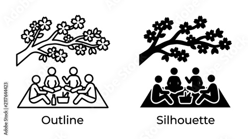 Picnic Under Cherry Blossom Tree: Two stylized icons, one outline and one silhouette, depict a family or group of friends enjoying a picnic on a blanket under a blossoming cherry tree.