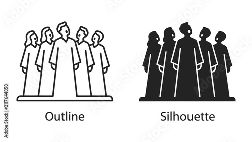 Group of People Outline and Silhouette: Two distinct visual representations, one an outline and the other a silhouette, depict a group of people standing together, symbolizing unity and community.