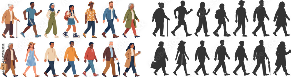 Obraz premium Diverse Walking People Character Collection with Multicultural Individuals and Matching Silhouette Set