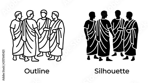 Ancient Assembly: A group of men in traditional Roman togas are depicted in both outline and silhouette forms, representing historical gatherings and societal structures.