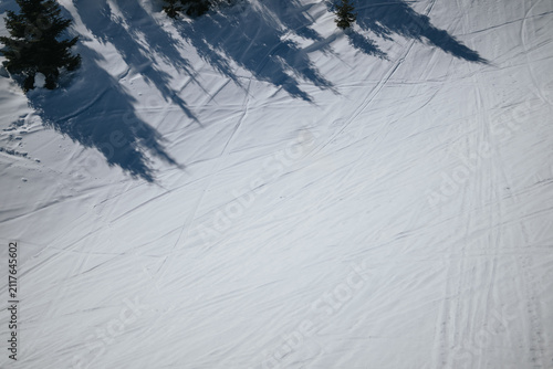 A lone skier glides across a wide snow-covered slope near shadowed pine trees. An aerial view highlights ski tracks and long tree shadows on bright white snow.
