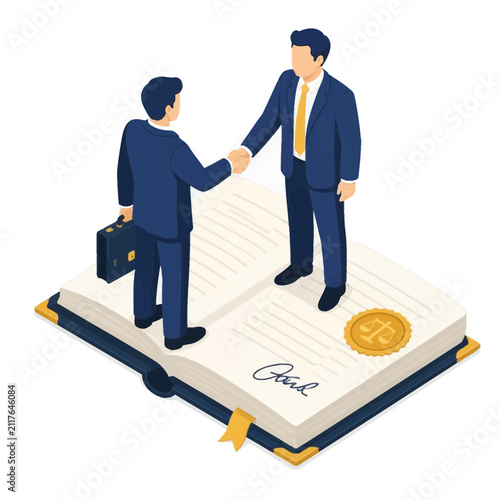 Isometric illustration of two businessmen shaking hands while standing on a large open law book with a golden justice seal and signature, representing legal agreement and corporate law.