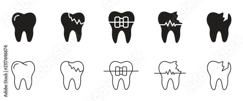 Bild auf Leinwand Comparative Tooth Icons Set with Solid and Line Art Styles for Dental Health Des