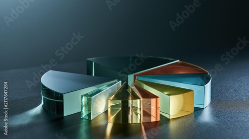 Portfolio pie split into thick glass wedge floating slightly apart above a dark surface on a dark background with copy space