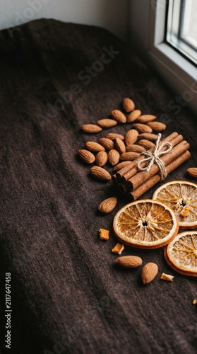 almonds, cinnamon sticks and dried orange slices arranged on dark textured fabric, warm earthy tones, soft side lighting creating gentle shadows, appetizing and natural