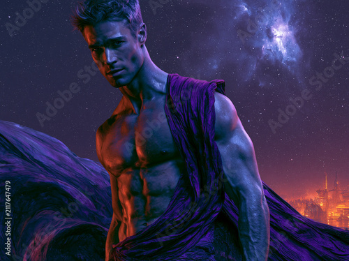Heroic Male Figure Draped in Purple Fabric Under Cosmic Sky