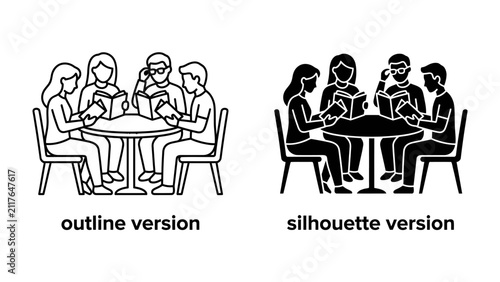 Фотография Study Group Session: Two versions, an outline and a silhouette, depict a group of people sitting around a table, engrossed in reading books