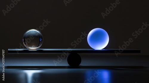 Simple balance beam holding one clear glass sphere and one softly glowing counterweight in a clean minimal composition