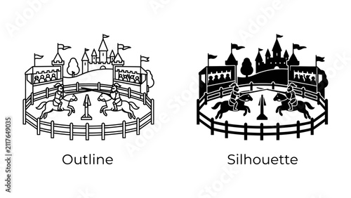 Foto Medieval Jousting Tournament: An outline and silhouette illustration depicting a historical jousting tournament, complete with knights on horseback, castles, and banners