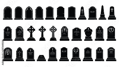 Foto Assorted Gravestone Silhouettes on White Background Vector Illustration