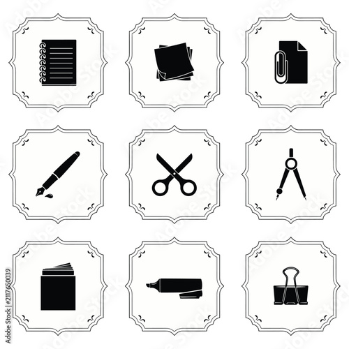 Collection of black stationery and office supplies icon.