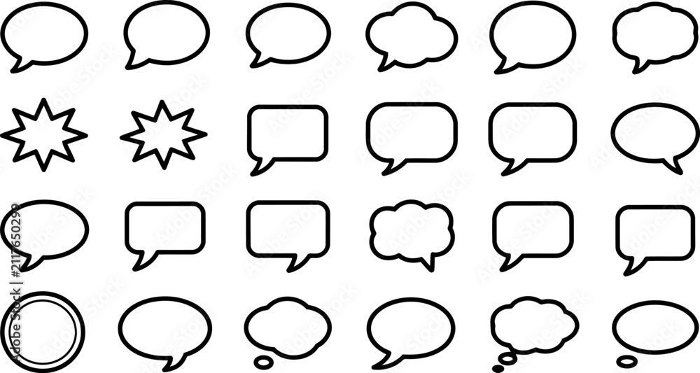 Fototapeta premium Set of Twenty-Four Black Outline Speech and Thought Bubbles and Starbursts 