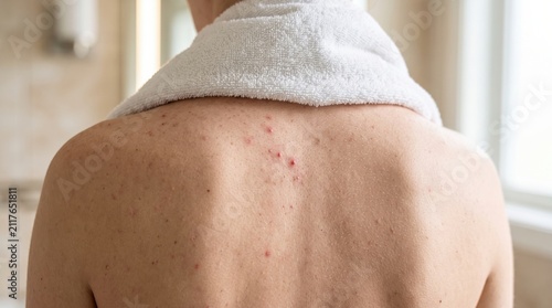 Close-up of a person's back showing acne and redness, with a white towel draped around the shoulders in a bathroom setting.
